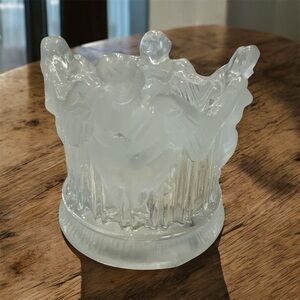 Vintage Crystal Frosted Cherub Art Glass Angels Pillar Spiritual Candle Holder